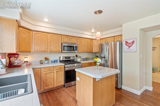 kitchen with a kitchen island, appliances with stainless steel finishes, light countertops, and wood finished floors