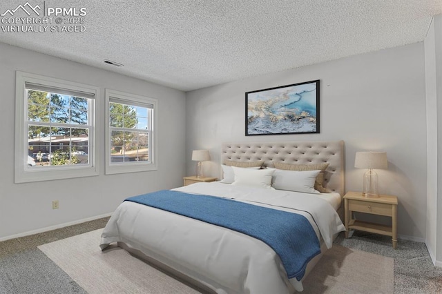 carpeted bedroom with a textured ceiling, visible vents, and baseboards