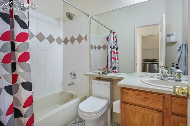 full bathroom featuring vanity, shower / bath combo with shower curtain, and toilet