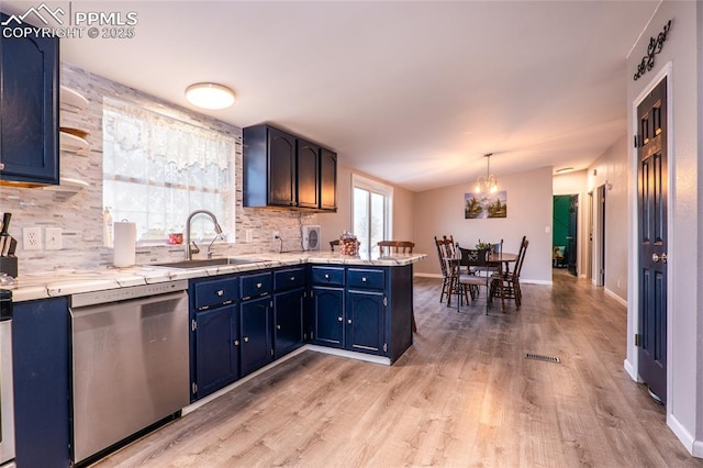 kitchen featuring blue cabinets, a sink, light countertops, stainless steel dishwasher, and tasteful backsplash