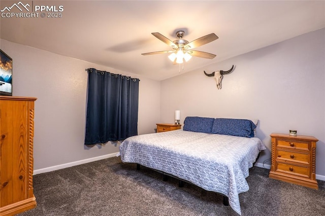 bedroom featuring lofted ceiling, ceiling fan, baseboards, and carpet flooring