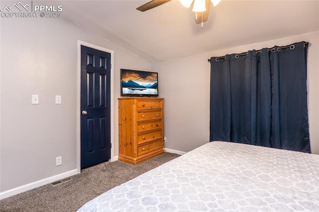 carpeted bedroom with lofted ceiling, baseboards, visible vents, and ceiling fan