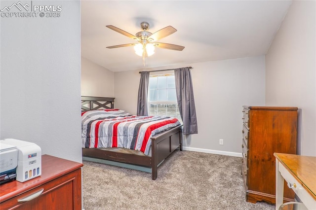 bedroom featuring ceiling fan, carpet flooring, and baseboards