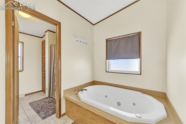 bathroom featuring a shower with curtain, a tub with jets, ornamental molding, and tile patterned floors