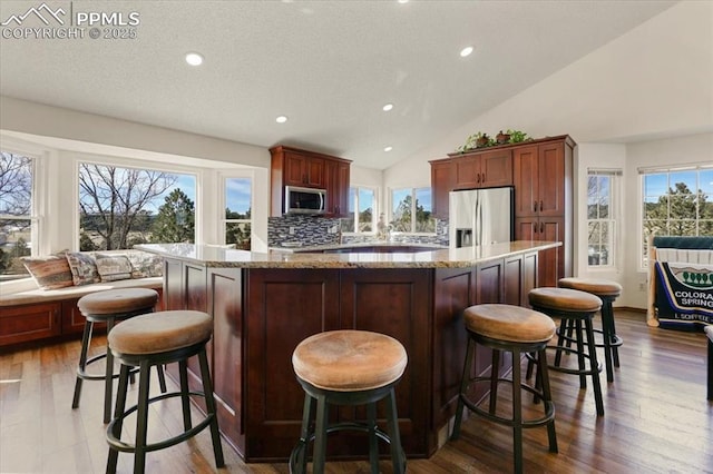 kitchen with stainless steel appliances, lofted ceiling, plenty of natural light, and a large island