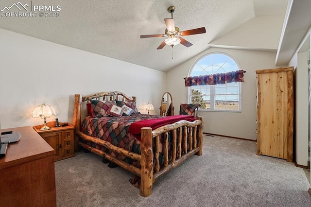 bedroom featuring a ceiling fan, lofted ceiling, light carpet, and a textured ceiling