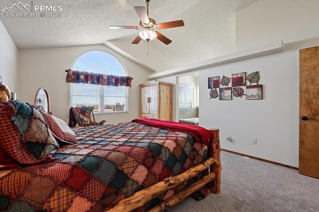 carpeted bedroom with lofted ceiling, ceiling fan, a textured ceiling, and baseboards