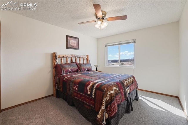 carpeted bedroom featuring a ceiling fan, a textured ceiling, and baseboards