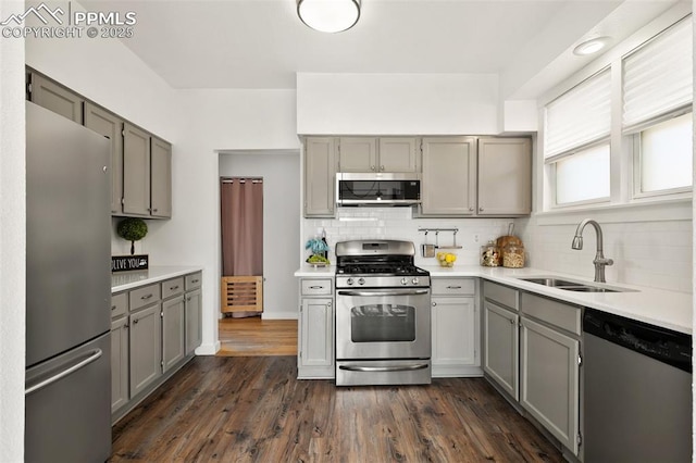 kitchen with decorative backsplash, dark wood-style flooring, gray cabinets, stainless steel appliances, and a sink