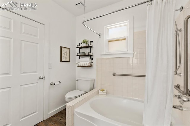 full bath with baseboards, toilet, and wood finished floors