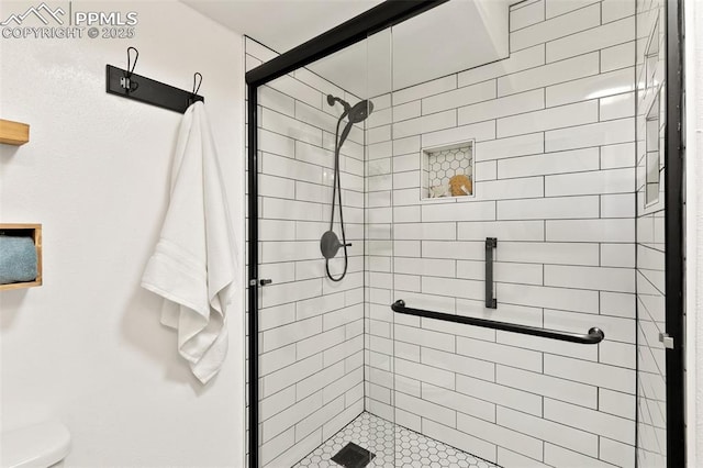 bathroom featuring a stall shower and toilet