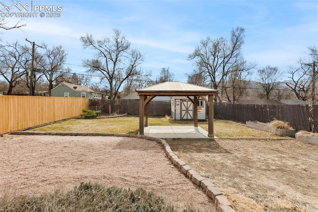 view of yard with an outbuilding, a storage unit, a patio area, and a fenced backyard