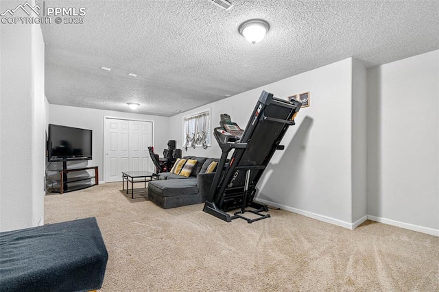 exercise area featuring baseboards, carpet floors, and a textured ceiling