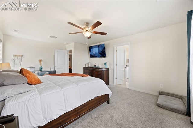 bedroom with light carpet, ceiling fan, visible vents, and baseboards