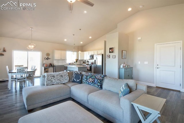 living area featuring dark wood-style flooring, recessed lighting, a ceiling fan, high vaulted ceiling, and baseboards