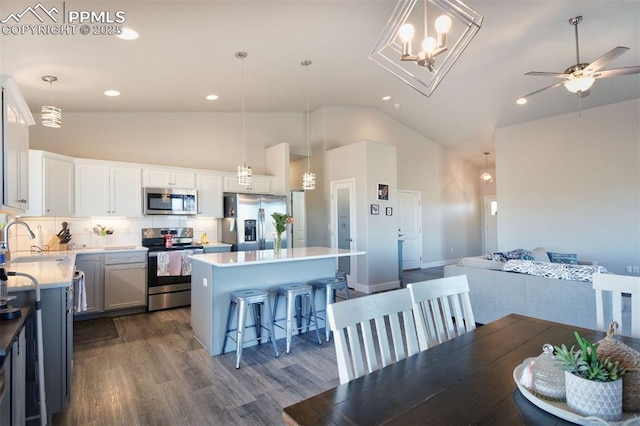 kitchen featuring dark wood-style flooring, decorative backsplash, appliances with stainless steel finishes, a sink, and a kitchen island