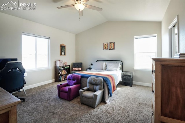 bedroom featuring carpet floors, multiple windows, and vaulted ceiling