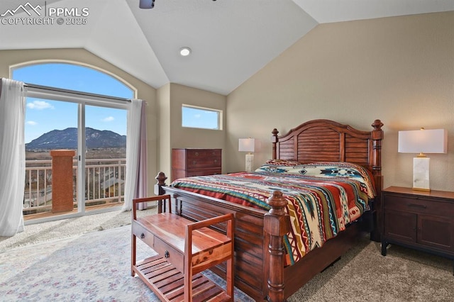 carpeted bedroom featuring access to exterior, a mountain view, and vaulted ceiling