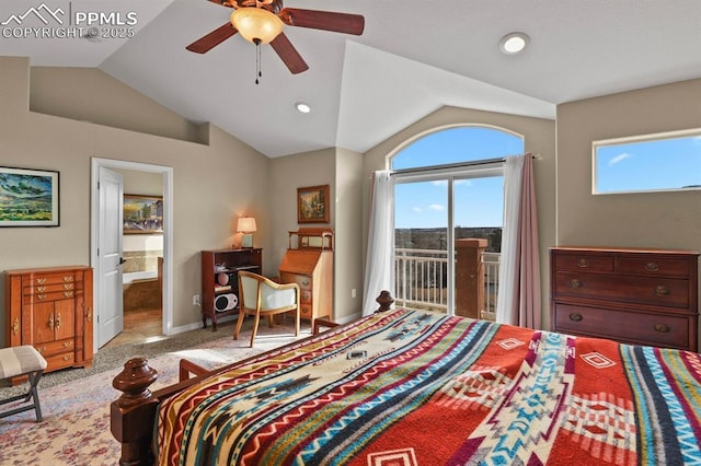 bedroom with access to exterior, carpet, ensuite bathroom, vaulted ceiling, and baseboards