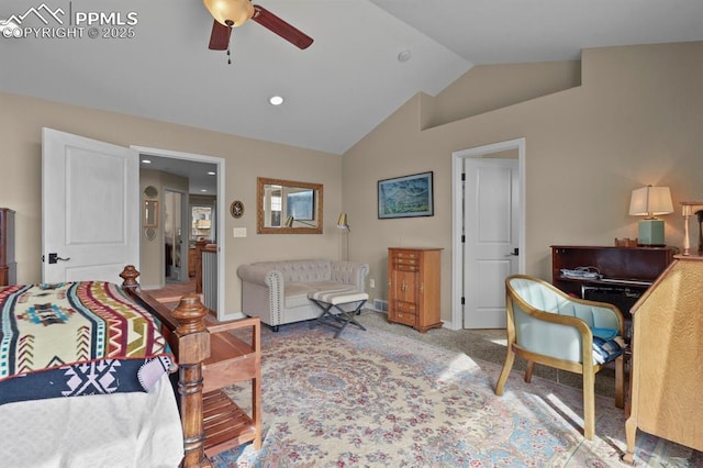 living room featuring lofted ceiling, baseboards, ceiling fan, and carpet