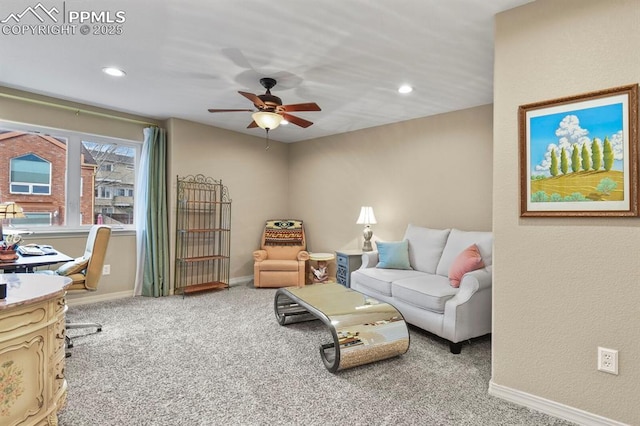 sitting room featuring a ceiling fan, recessed lighting, carpet flooring, and baseboards