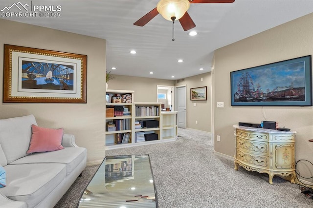 living room featuring carpet floors, recessed lighting, ceiling fan, and baseboards