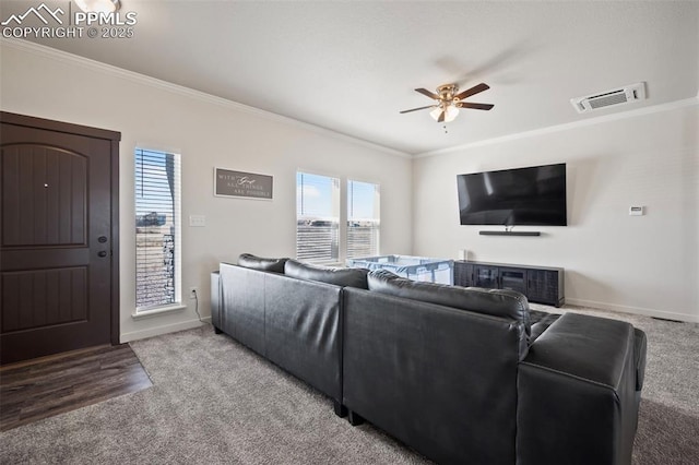1086 N Purcell Blvd, Pueblo West, CO 81007 - living room with ceiling fan, ornamental molding, visible vents, and baseboards