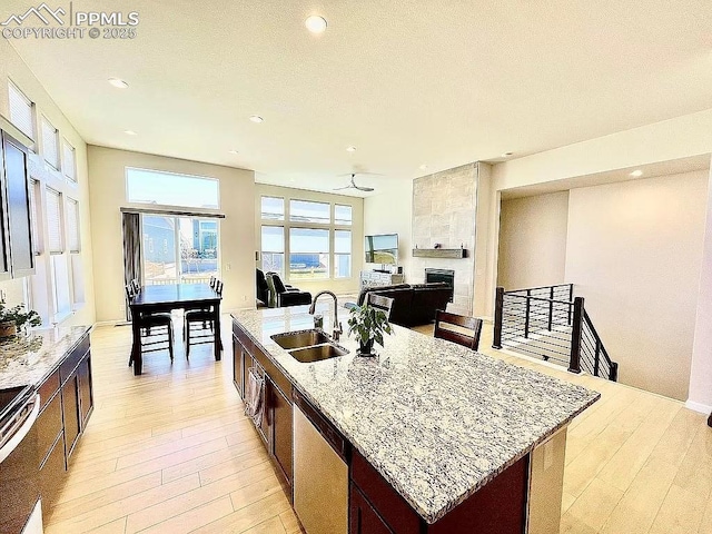 kitchen with a large fireplace, a sink, light wood finished floors, and dishwasher