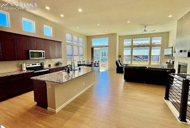 kitchen with light wood finished floors, stainless steel microwave, electric range oven, a glass covered fireplace, and open floor plan