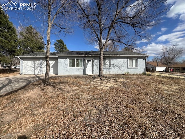 single story home featuring concrete driveway and stucco siding