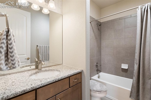 full bath with toilet, shower / bathtub combination with curtain, and vanity