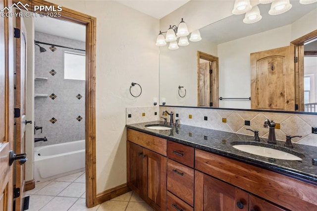 full bathroom featuring a healthy amount of sunlight, backsplash, a sink, and tile patterned floors