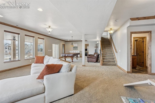 living area featuring stairs, ornamental molding, carpet flooring, and baseboards