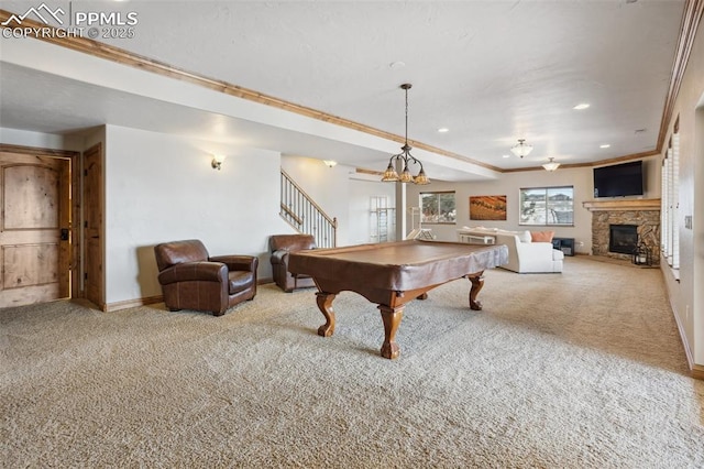 game room with baseboards, pool table, carpet, a stone fireplace, and recessed lighting