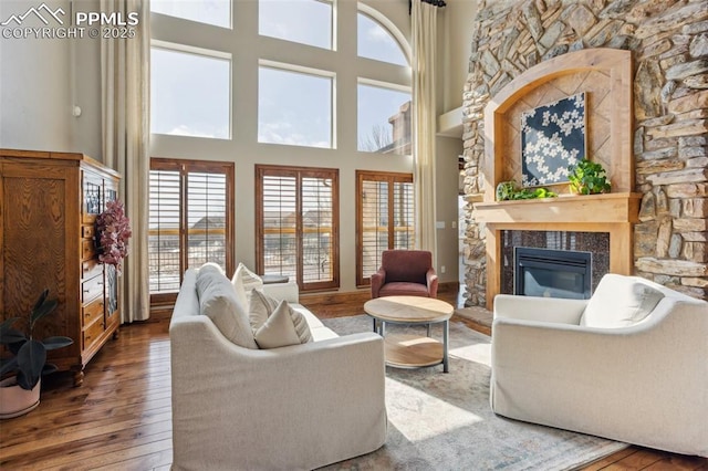 living room with a glass covered fireplace, a towering ceiling, and hardwood / wood-style floors