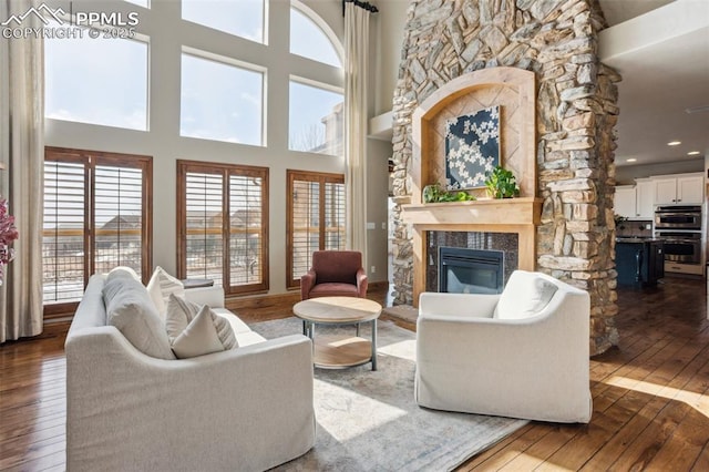 living area with a stone fireplace, dark wood-type flooring, and a towering ceiling