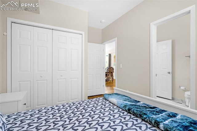 bedroom featuring wood finished floors and a closet