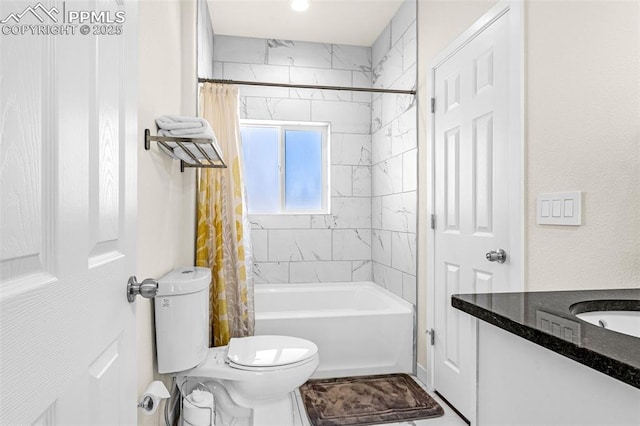 bathroom featuring vanity, toilet, and shower / tub combo with curtain