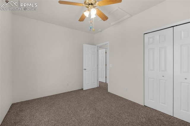 unfurnished bedroom featuring a closet, carpet floors, and ceiling fan