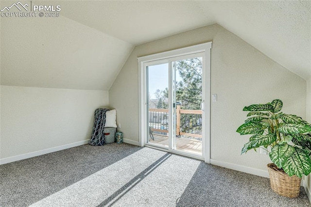 additional living space featuring carpet, vaulted ceiling, a textured ceiling, and baseboards