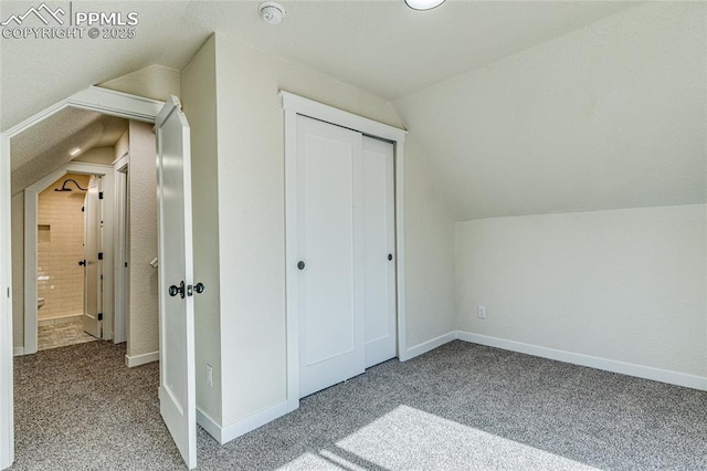 additional living space featuring carpet, vaulted ceiling, and baseboards