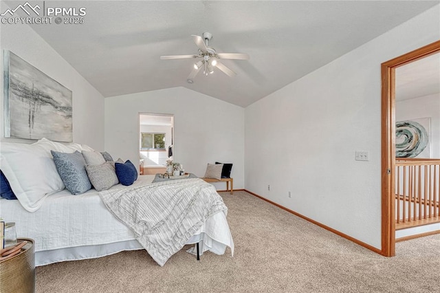 bedroom with ceiling fan, baseboards, vaulted ceiling, and light colored carpet