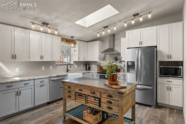 kitchen featuring a sink, wall chimney range hood, wood finished floors, and stainless steel appliances