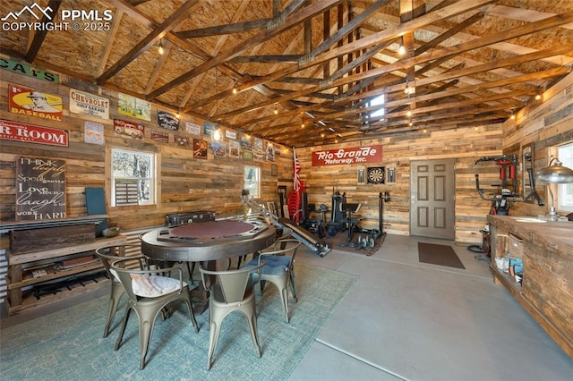 interior space featuring wooden walls