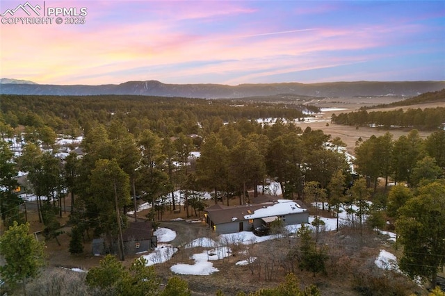 aerial view at dusk with a forest view and a mountain view