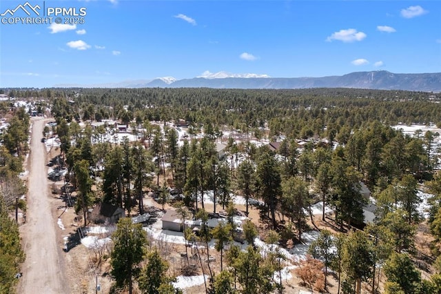 drone / aerial view featuring a mountain view and a forest view