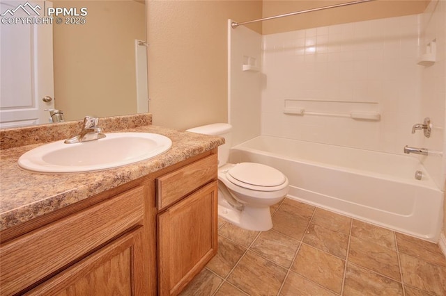 bathroom featuring toilet, tile patterned flooring, tub / shower combination, and vanity