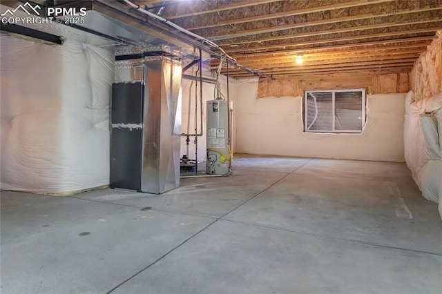 unfinished basement featuring gas water heater