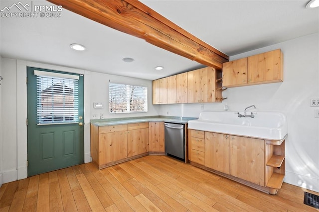 kitchen with light wood-style floors, open shelves, stainless steel dishwasher, and light brown cabinetry