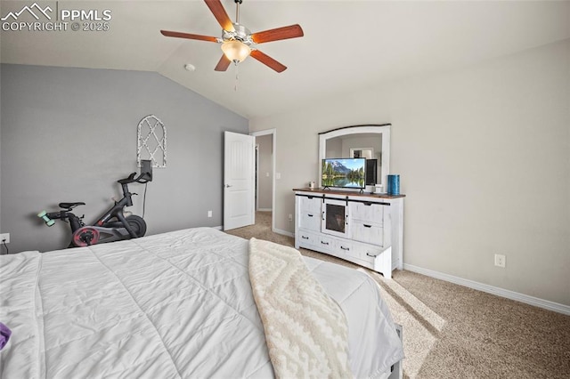 bedroom featuring lofted ceiling, ceiling fan, carpet, and baseboards